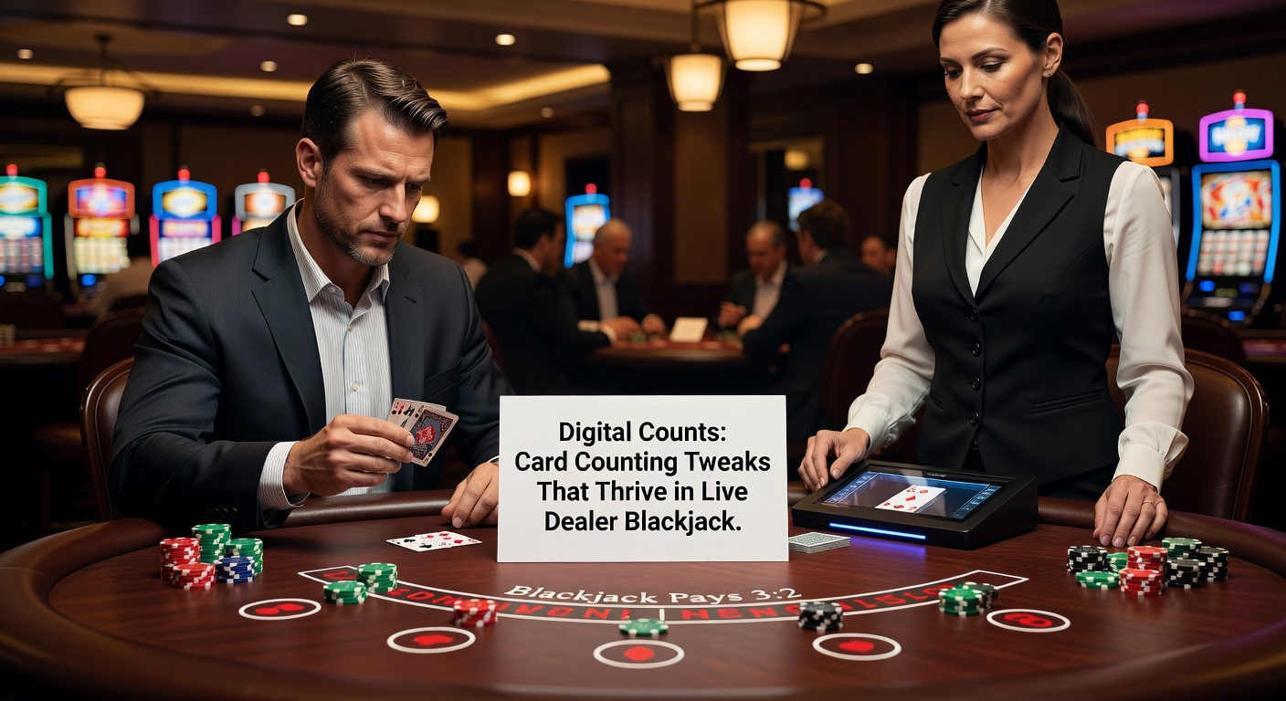 Nahaufnahme eines Spielers am Laptop, der Live-Blackjack-Stream analysiert und Count notiert