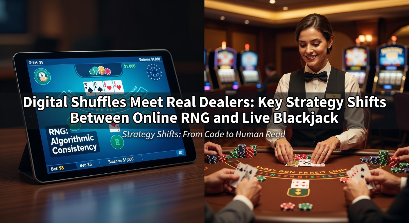Vergleich zwischen digitalem RNG-Blackjack-Schirm und Live-Dealer-Tisch mit Karten und Chips