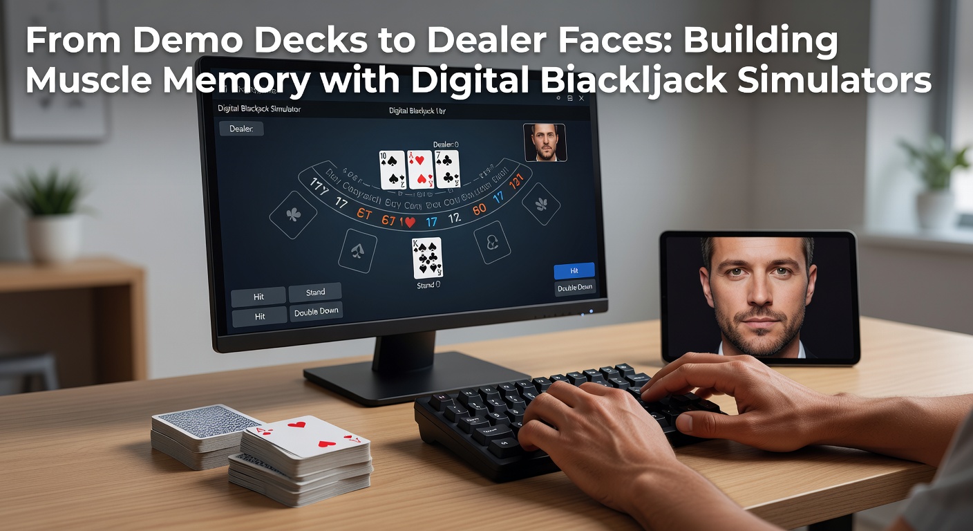 Ein digitales Blackjack-Simulationsinterface mit Demo-Decks und virtuellen Karten, das Spieler beim Üben zeigt