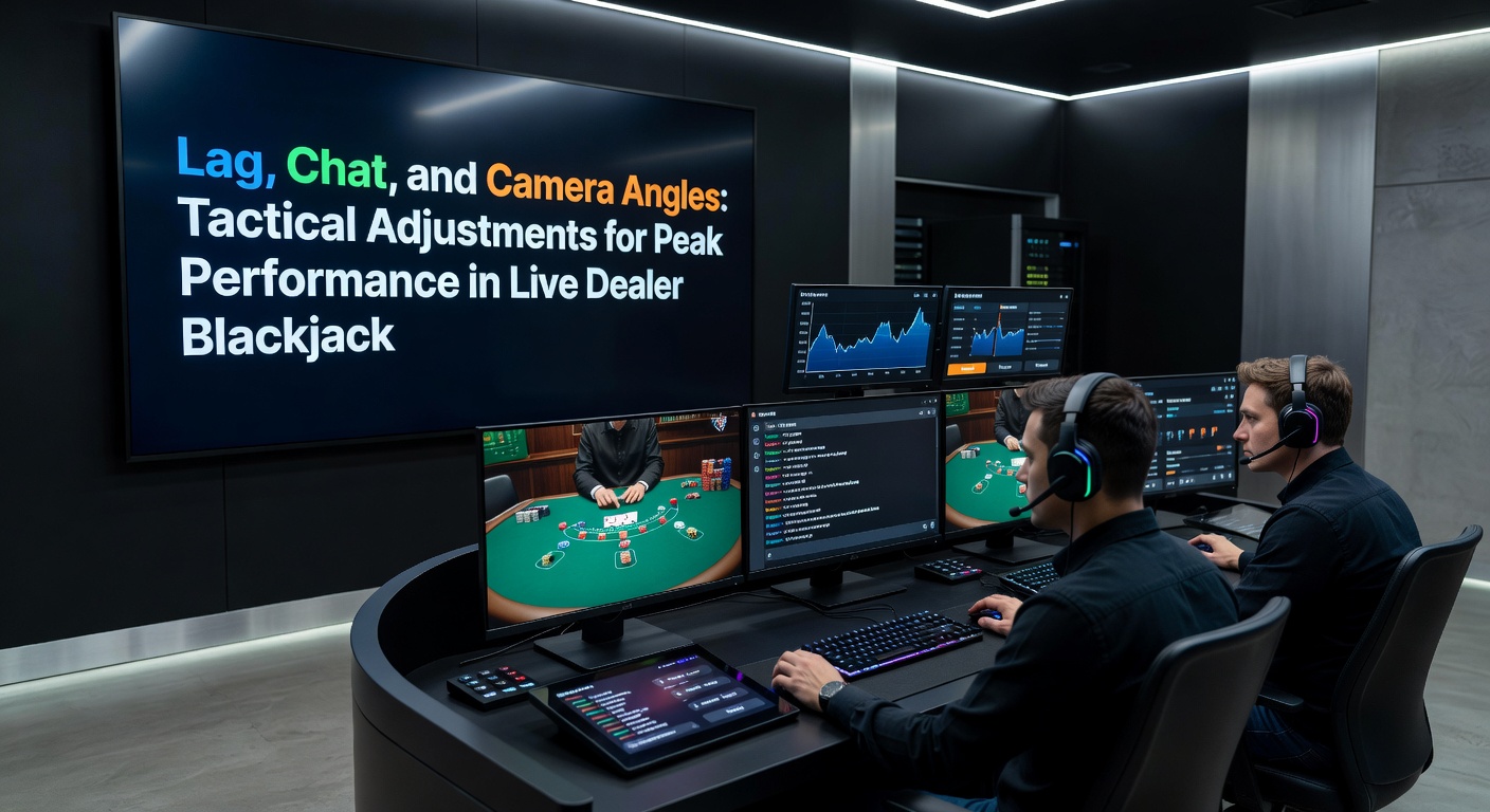 Live-Dealer-Blackjack-Tisch mit sichtbarem Lag-Effekt und Chat-Fenster im Vordergrund, das taktische Entscheidungen illustriert
