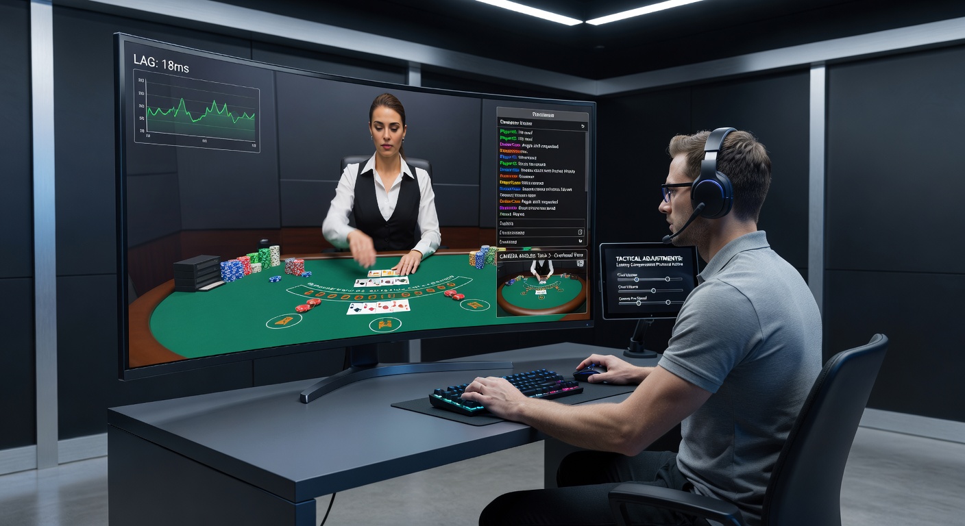 Nahaufnahme eines Dealers am Blackjack-Tisch mit variierenden Kamera-Winkeln und Chat-Nachrichten, die strategische Einblicke bieten