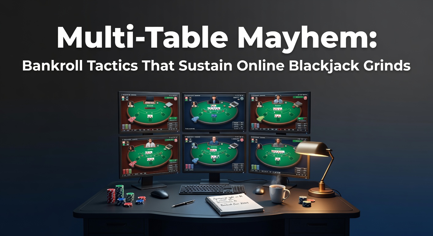 Spieler vor mehreren Blackjack-Tischen auf dem Bildschirm, der Multi-Table-Strategie visualisiert