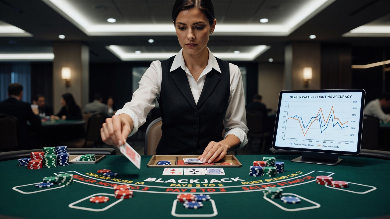 Dealer bei einem Multi-Deck-Blackjack-Tisch mit Side Bets, der Karten mit variabler Geschwindigkeit verteilt