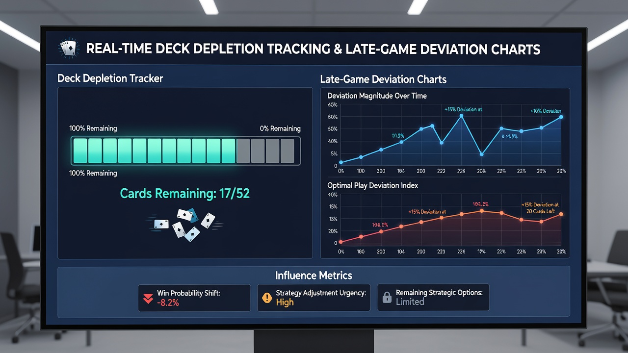 Spätspiel-Abweichungscharts mit integrierten Deck-Depletion-Daten auf einem Casino-Monitor
