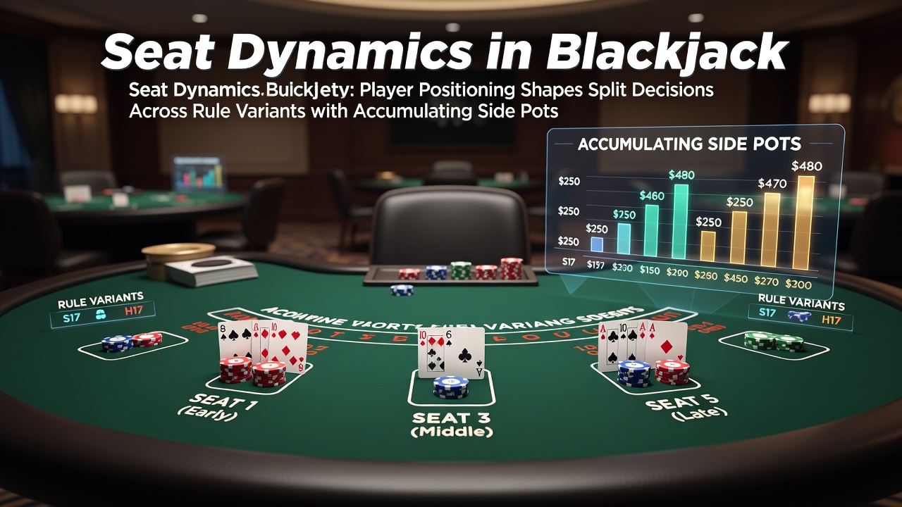 Darstellung von Sitzpositionen an einem Blackjack-Tisch mit Markierungen für Split-Entscheidungen und Side-Pot-Akkumulation