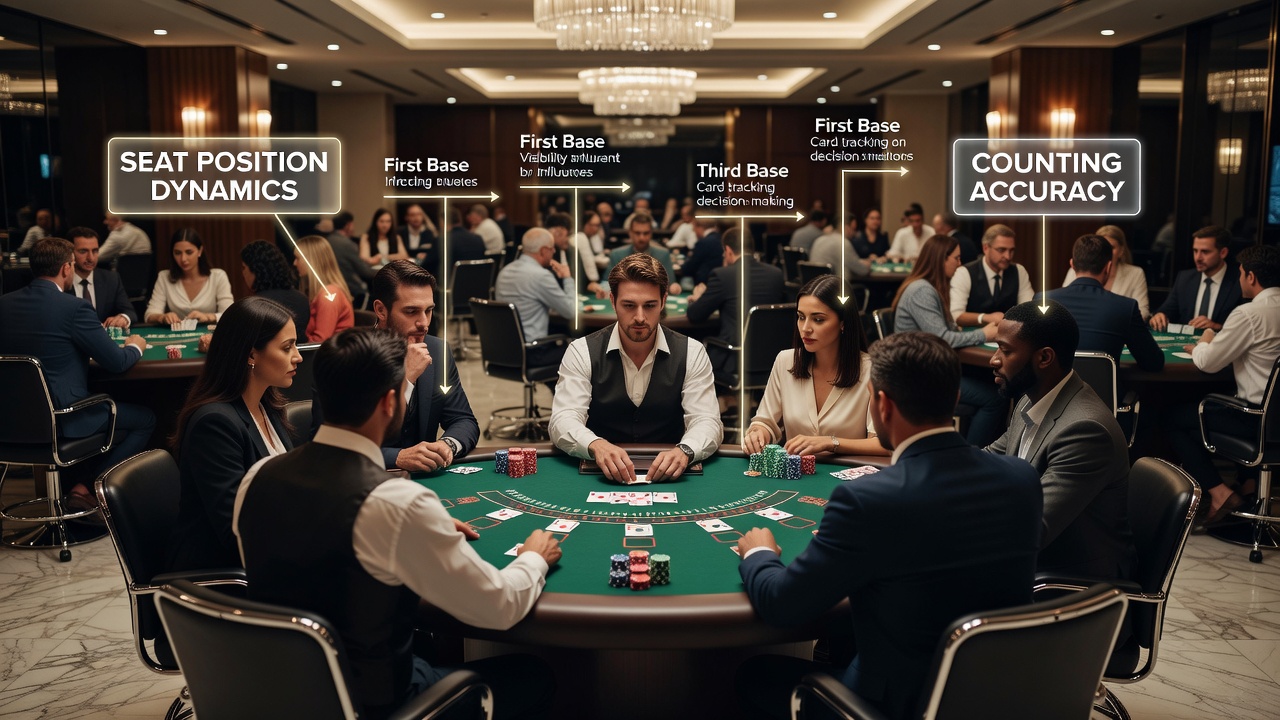 Blackjack-Tisch mit Spielern in verschiedenen Sitzpositionen und sichtbaren Karten