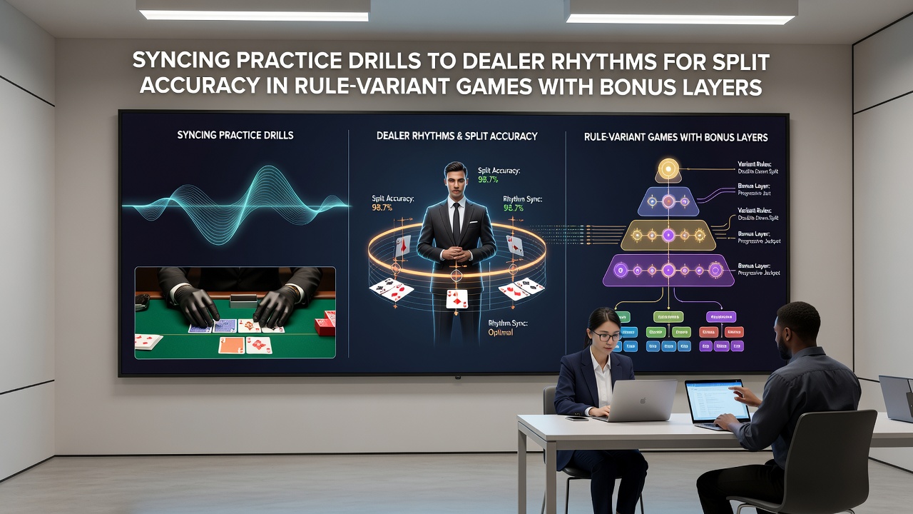 Nahaufnahme von Karten und Chips während eines synchronisierten Trainingsdrills mit Fokus auf Timing und Split-Entscheidungen